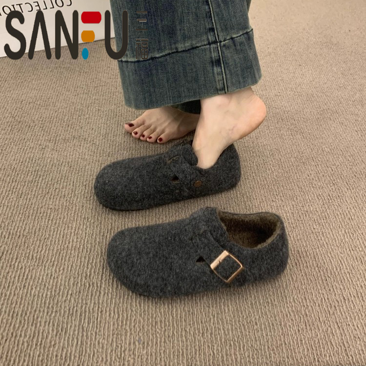 三福复古加绒勃肯鞋女2025年秋冬新款一脚蹬保暖棉鞋毛呢乐福鞋子