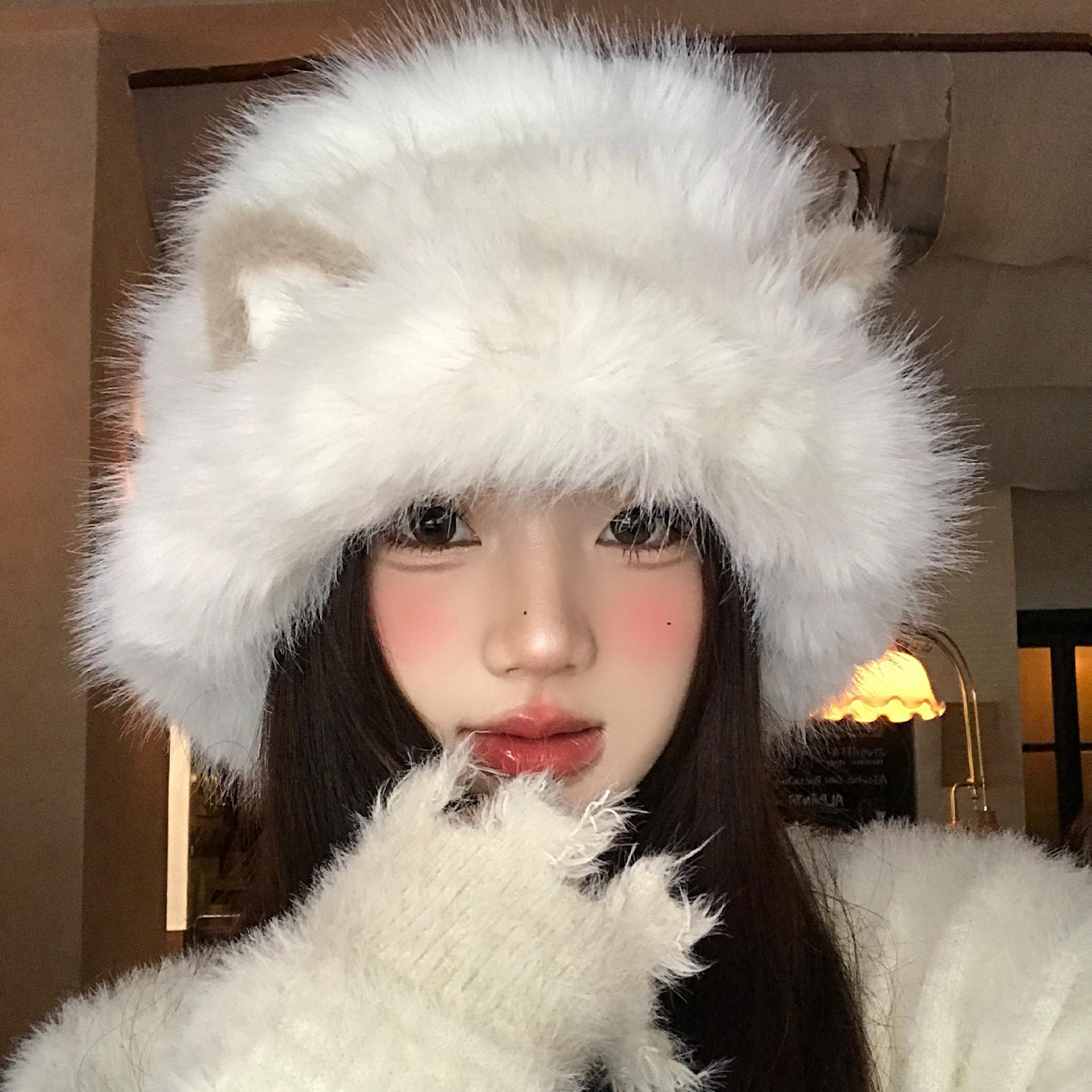 可爱猫咪耳朵毛绒渔夫帽女2025新款冬防寒保暖针织帽子大头围盆帽