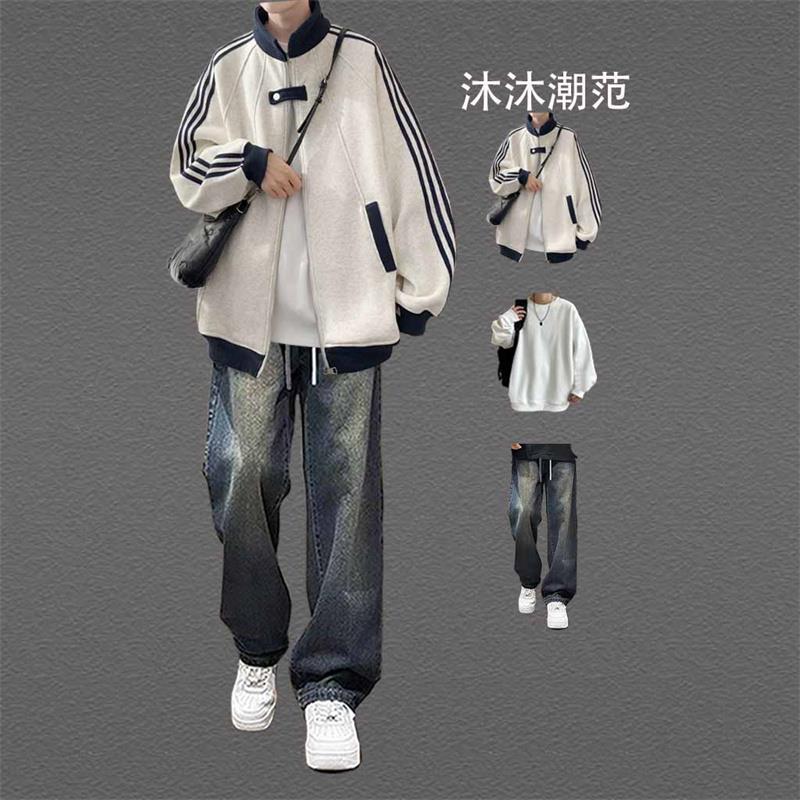 条纹拼接夹克外套大学生棒球服搭配牛仔裤痞帅套装青少年时尚穿搭