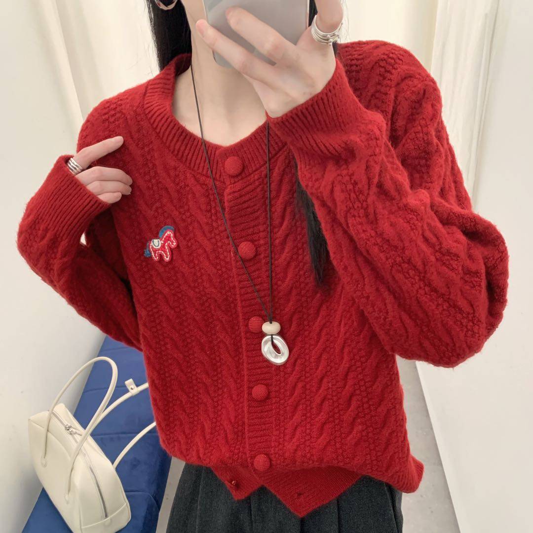 新款百搭设计感修身显瘦韩系新款圆领麻花小马针织开衫外套K2-74