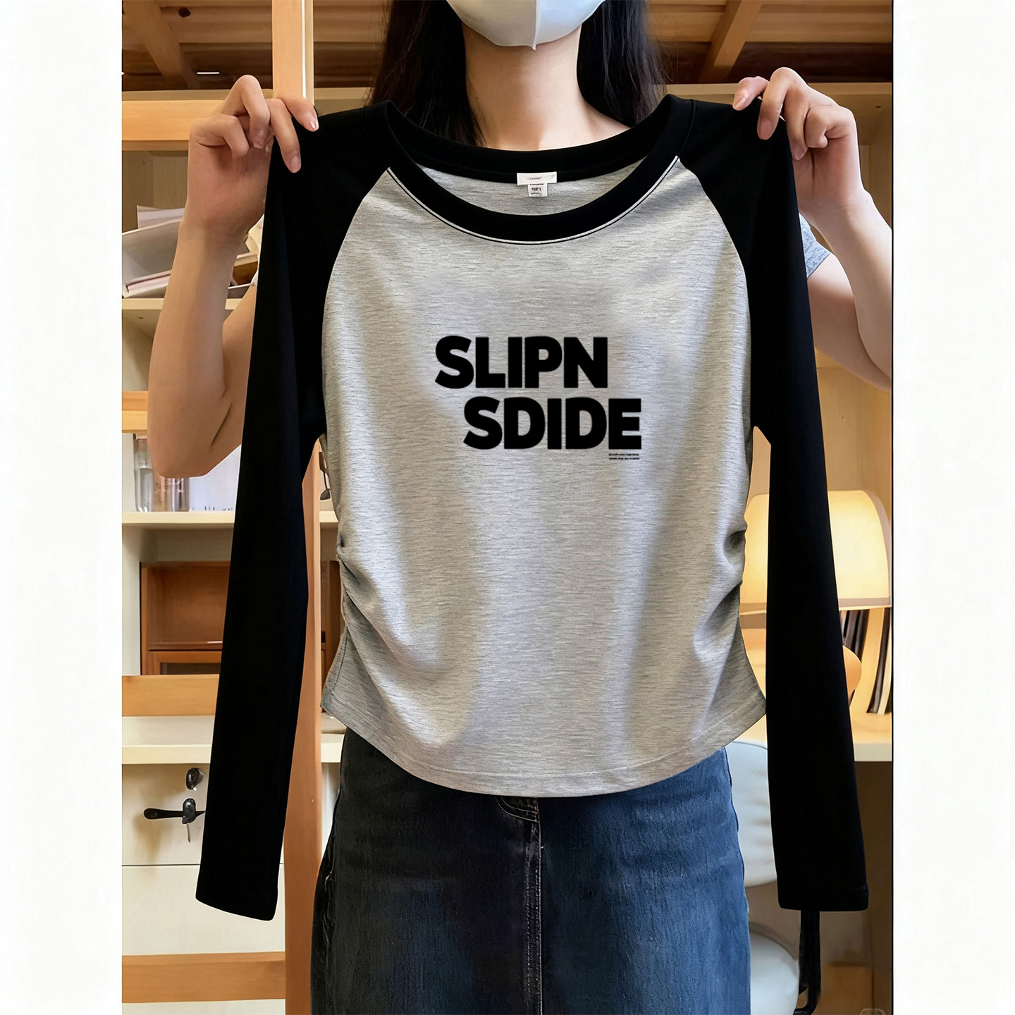 2025新款拼接插肩撞色长袖T恤女早秋上衣收腰设计简约内搭打底衫