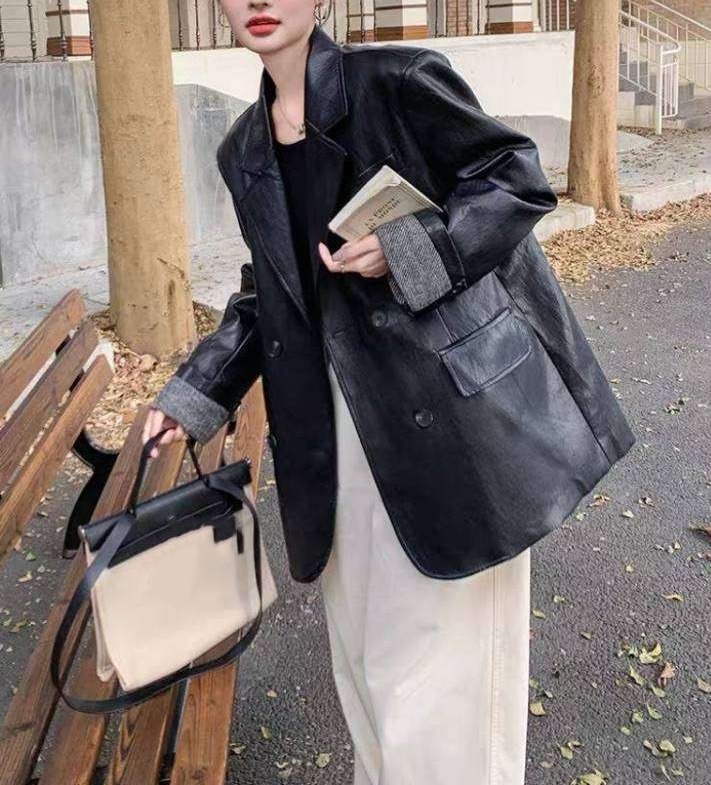 奇奇家韩版大码女装2025秋季新款设计感拼接水洗中长款西服外套
