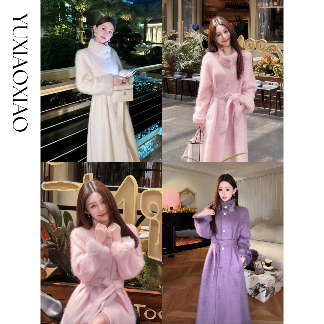 余潇潇【温柔野心家】羊绒羊毛混纺立领拼接小湖羊毛皮长款毛呢大衣