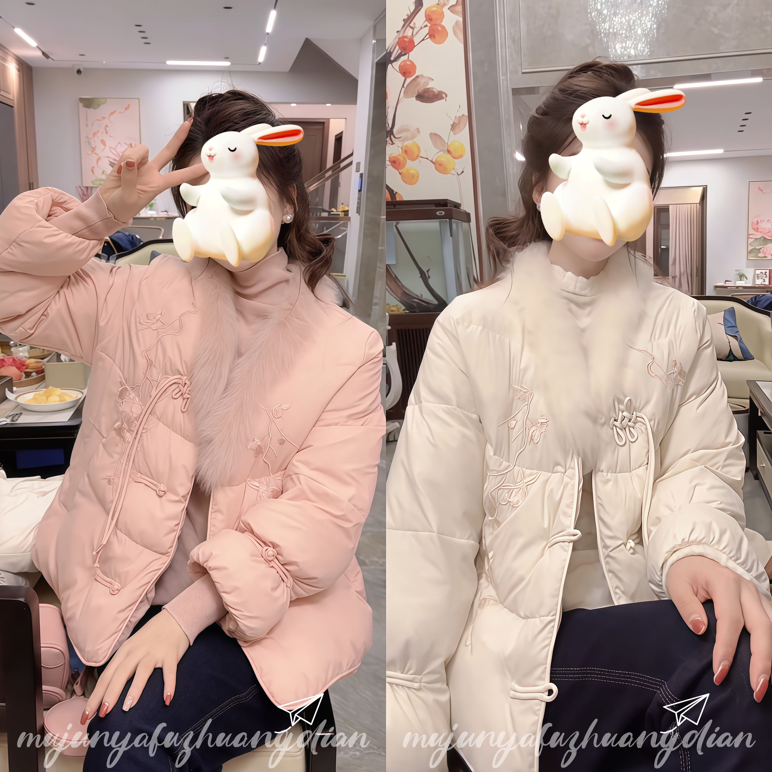 保暖V领收口袖拼接常规棉服棉衣绣花立领时尚国风