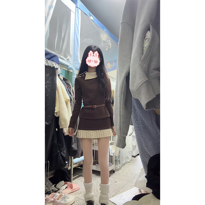 学院风假两件翻领针织上衣女冬收腰气质时尚套装百搭波点百褶裙