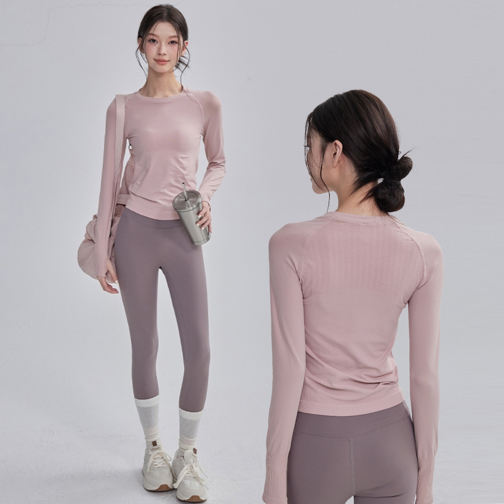 岚纹瑜伽服女新圆领普拉提健身长袖修身显瘦跑步运动上衣速干T恤