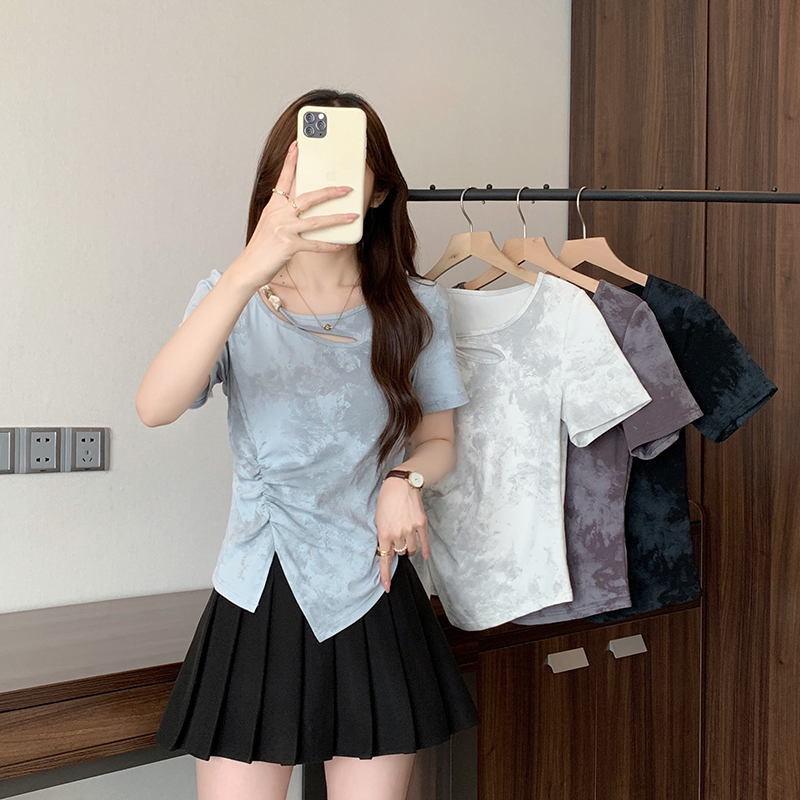 夏装新款mm大码女装修身显瘦不规则加宽加大短袖T恤镂空上衣33938