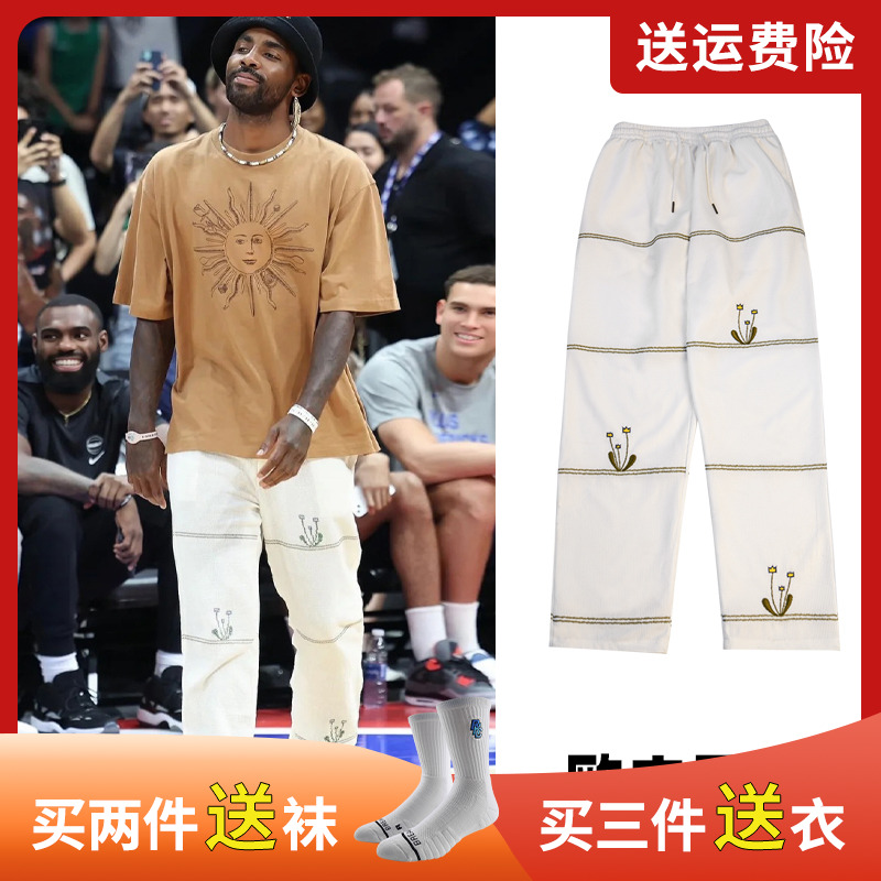 欧文做旧纹理刺绣仙人掌运动长裤秋冬美式篮球训练裤宽松直筒卫裤