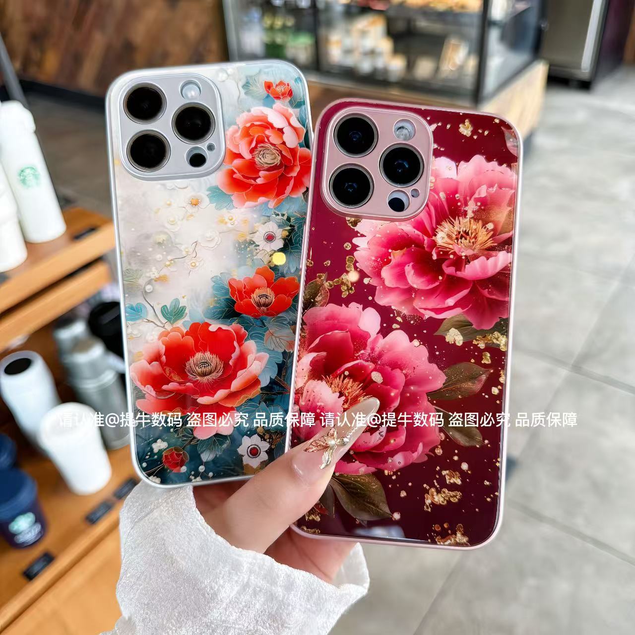 苹果/小米/华为/荣耀/OPPO/VIVO 花开富贵金属漆钢化玻璃手机壳