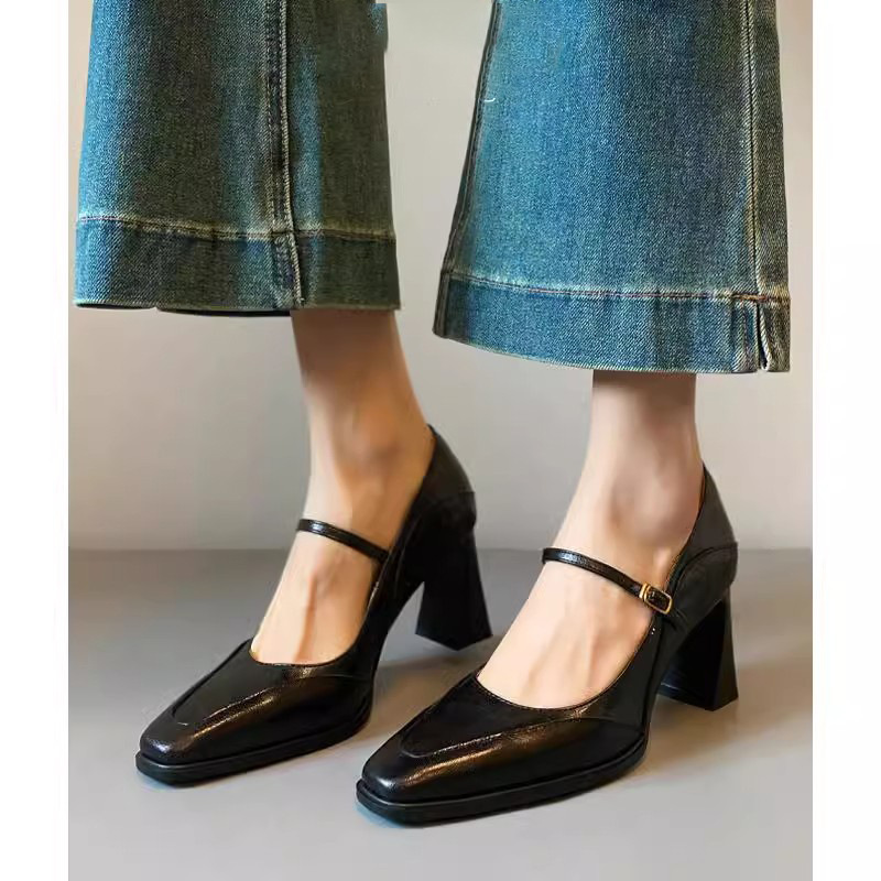 复古百搭棕色法式粗跟单鞋女春季新款复古风一字带玛丽珍高跟鞋女