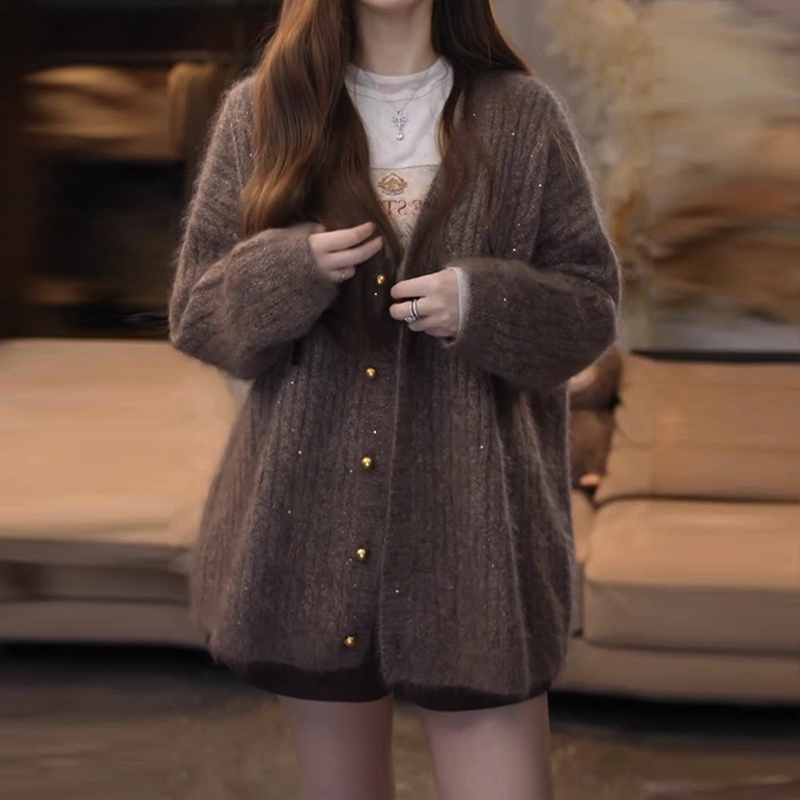 韩系轻奢简约气质高级感针织开衫女秋季新款慵懒宽松亮片毛衣外套