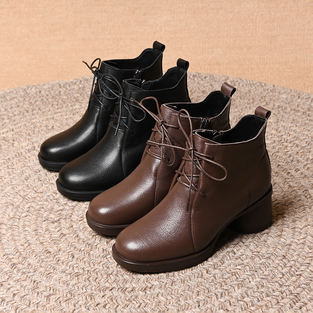 圆头系带粗跟短靴女2025秋冬新款百搭侧拉链中跟马丁靴软底妈妈鞋