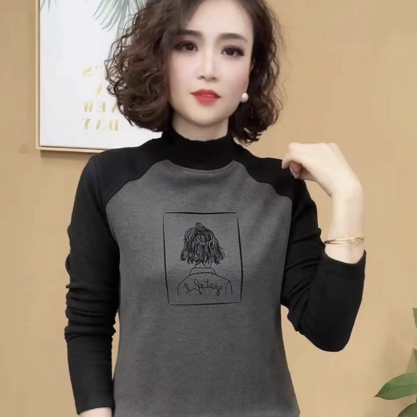 时尚妈妈装半高领打底衫女秋冬洋气印花保暖小衫双面德绒内搭上衣