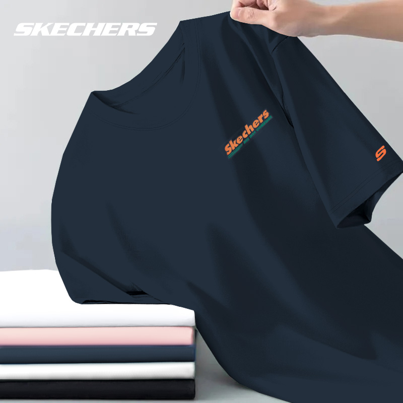 斯凯奇短袖纯棉运动T恤男女运动宽松透气休闲情侣圆领内搭文化衫