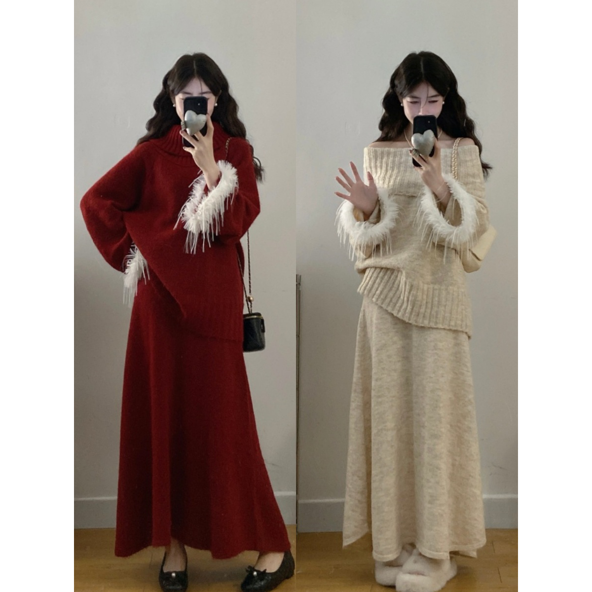 MO88ZSPF大码冬季气质风高级感流苏宽松慵懒针织毛衣+半身裙套装