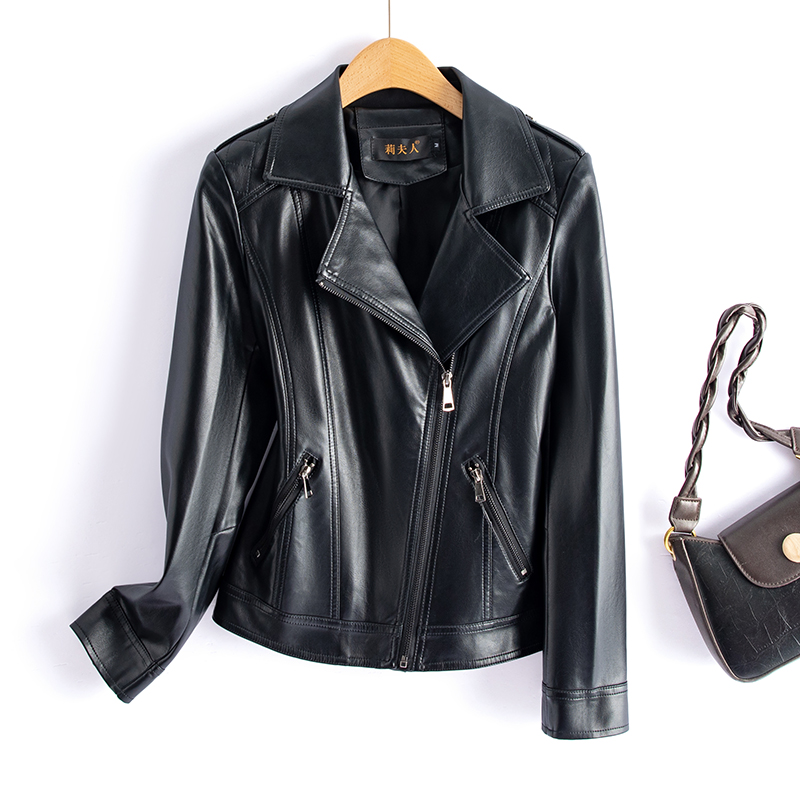 【广州微姐】新款海宁机车皮衣女短款时尚百搭显瘦皮夹克201