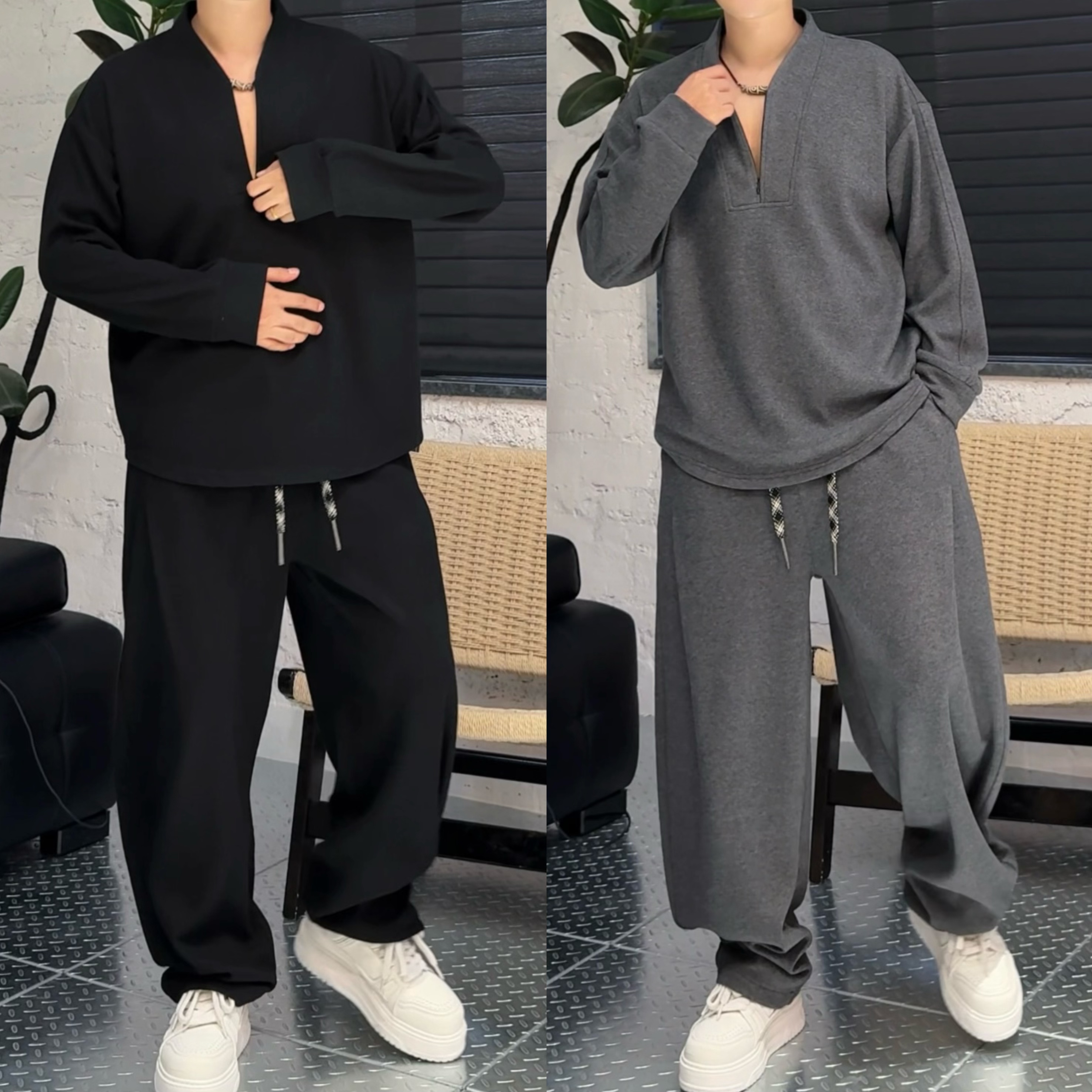 休闲风时尚套装秋冬套装半拉链灰色ol运动休闲卫衣卫裤两件套男