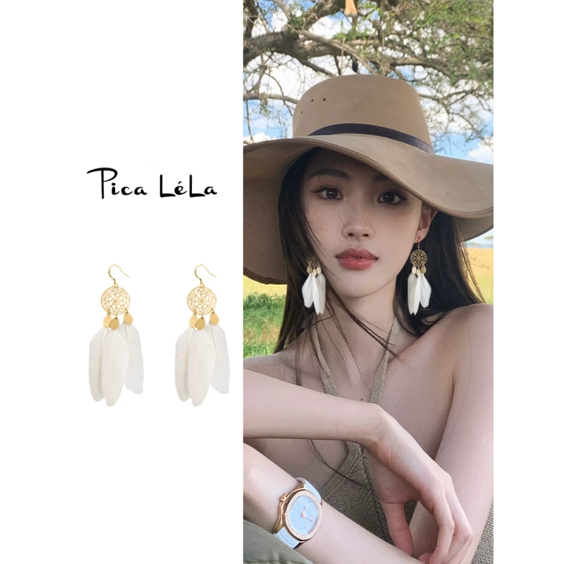 超仙羽毛长款耳环异域民族风个性设计感国潮耳钉耳坠小众创意耳饰