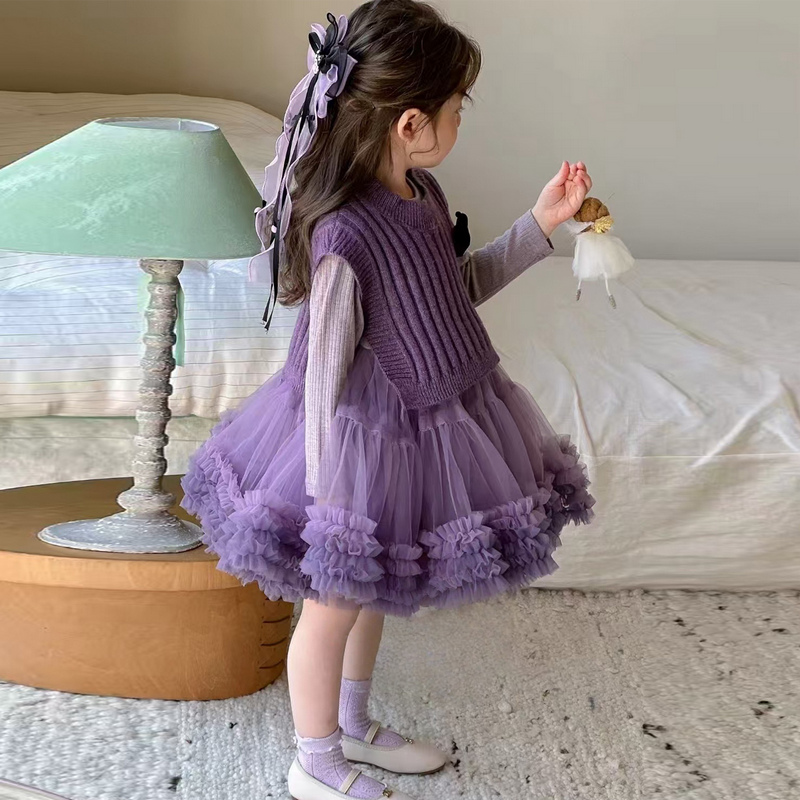 库洛米女童套装突突蓬蓬裙儿童秋季公主裙新款洋气毛衣马甲两件套
