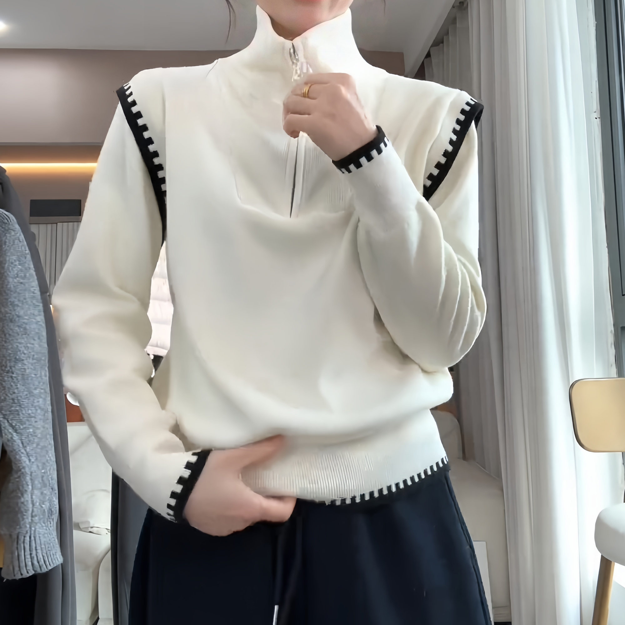 半拉链高领针织衫女秋冬新款外穿韩版撞色设计感毛衣套头外套上衣