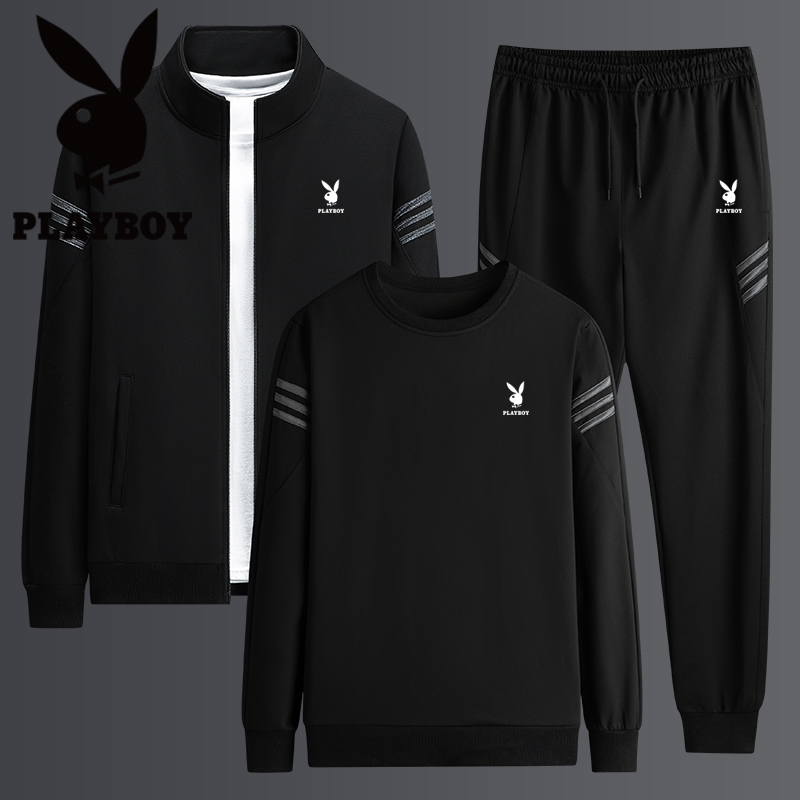 花花公子春季新款休闲运动套装男士潮流百搭开衫卫衣长裤三件套男
