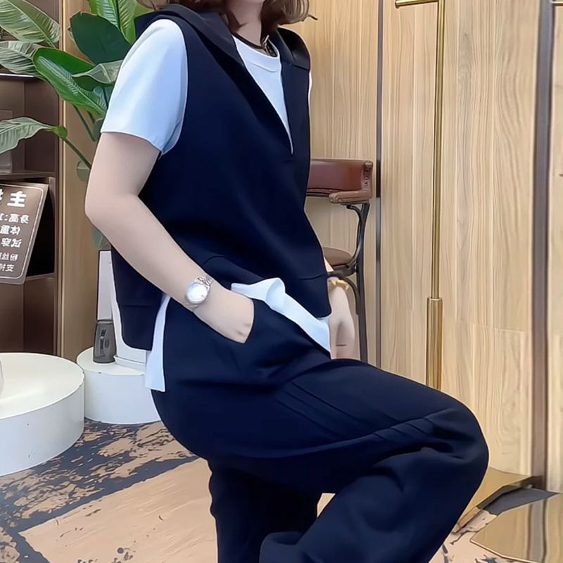 高含棉时尚运动服套装女2025年夏季新款上衣连帽马甲长裤三件套