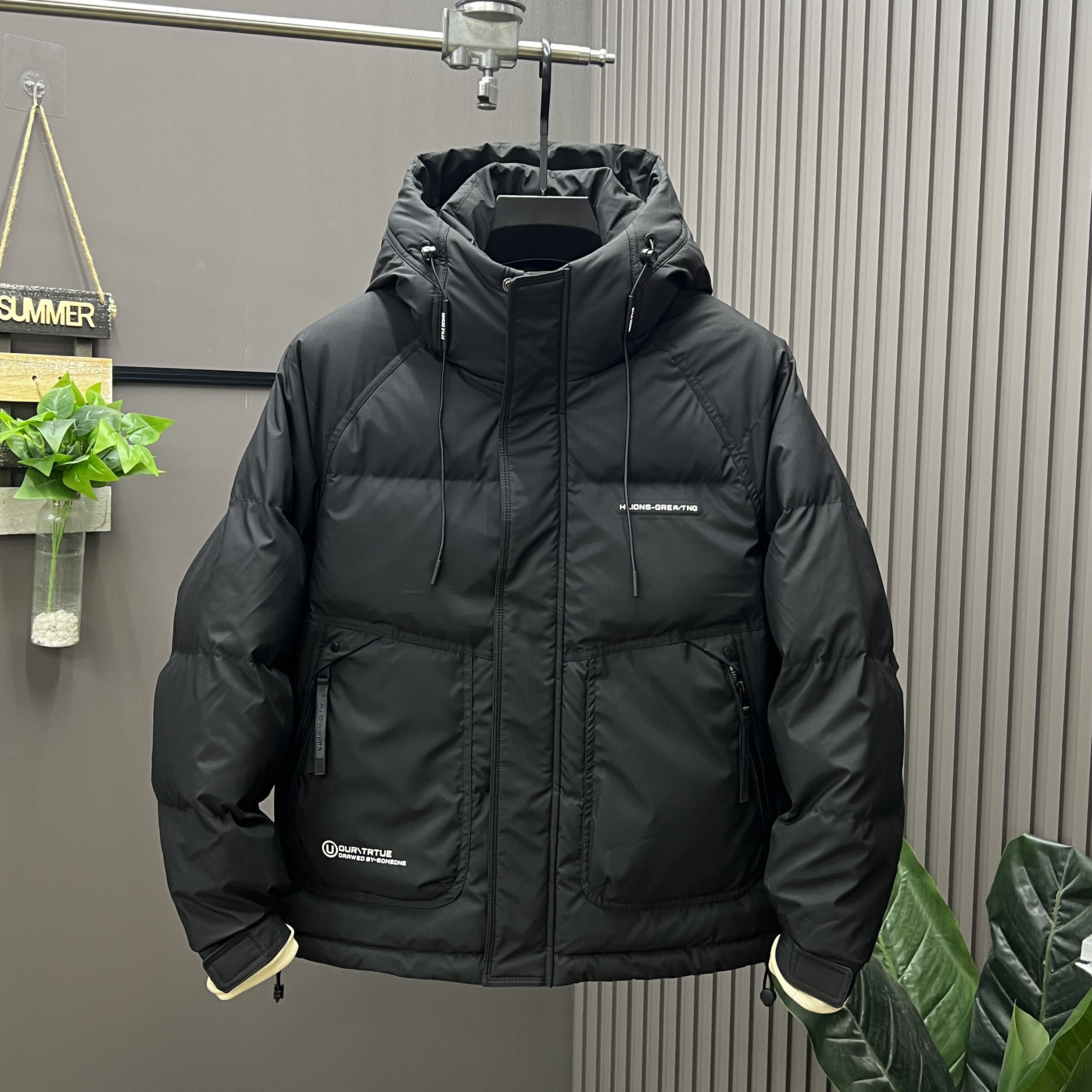 卓伊纳比冬季加厚连帽羽绒服男士时尚修身保暖外套白鸭绒羽绒上衣