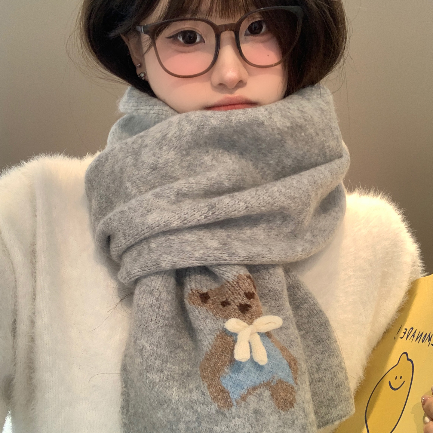 LOVELVLV可爱小熊蝴蝶结灰色针织围巾女秋冬季保暖学生护颈防寒氛