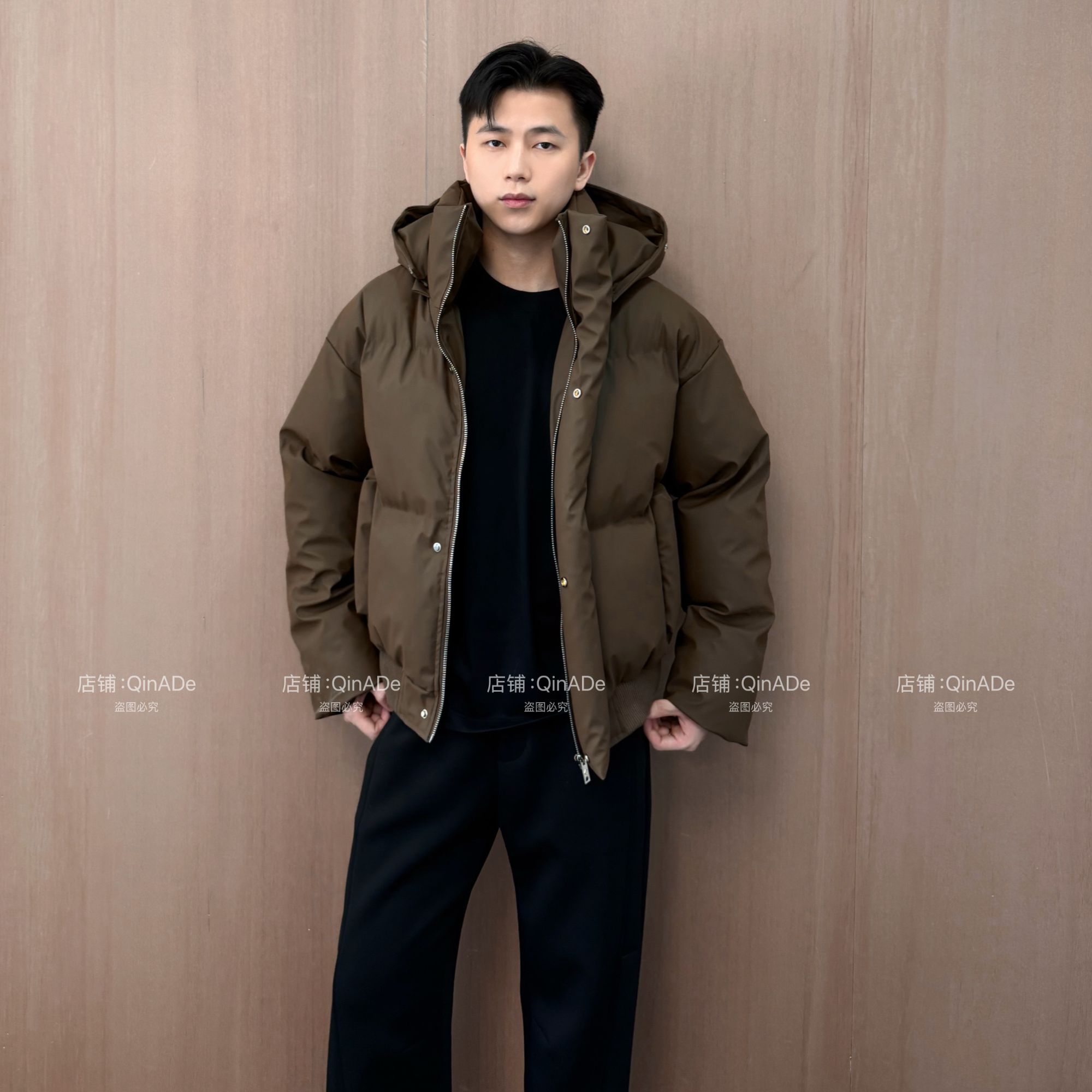 QinADe冬季连帽PU皮保暖宽松加厚御寒棉服外套男女同款帽子可拆