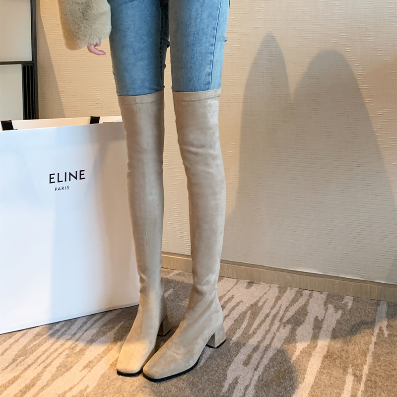 央小鱼 大码42杏色方头粗跟弹力过膝长靴秋冬瘦腿高跟长筒女靴子