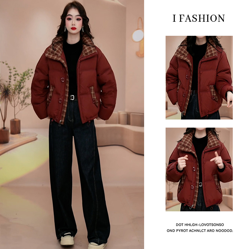 复古百搭格纹加厚棉服女2025年冬季新款小个子时尚拼接立领短外套