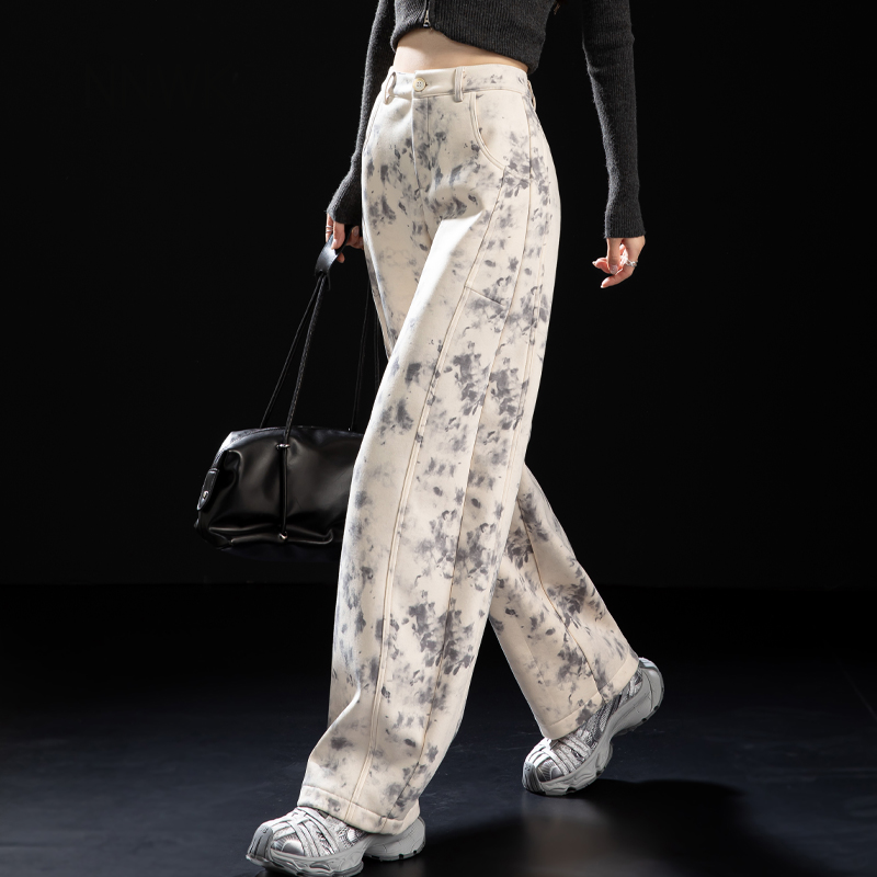 时尚水墨印花加绒裤子女2025新款冬季休闲裤高级感宽松弯刀裤卫裤