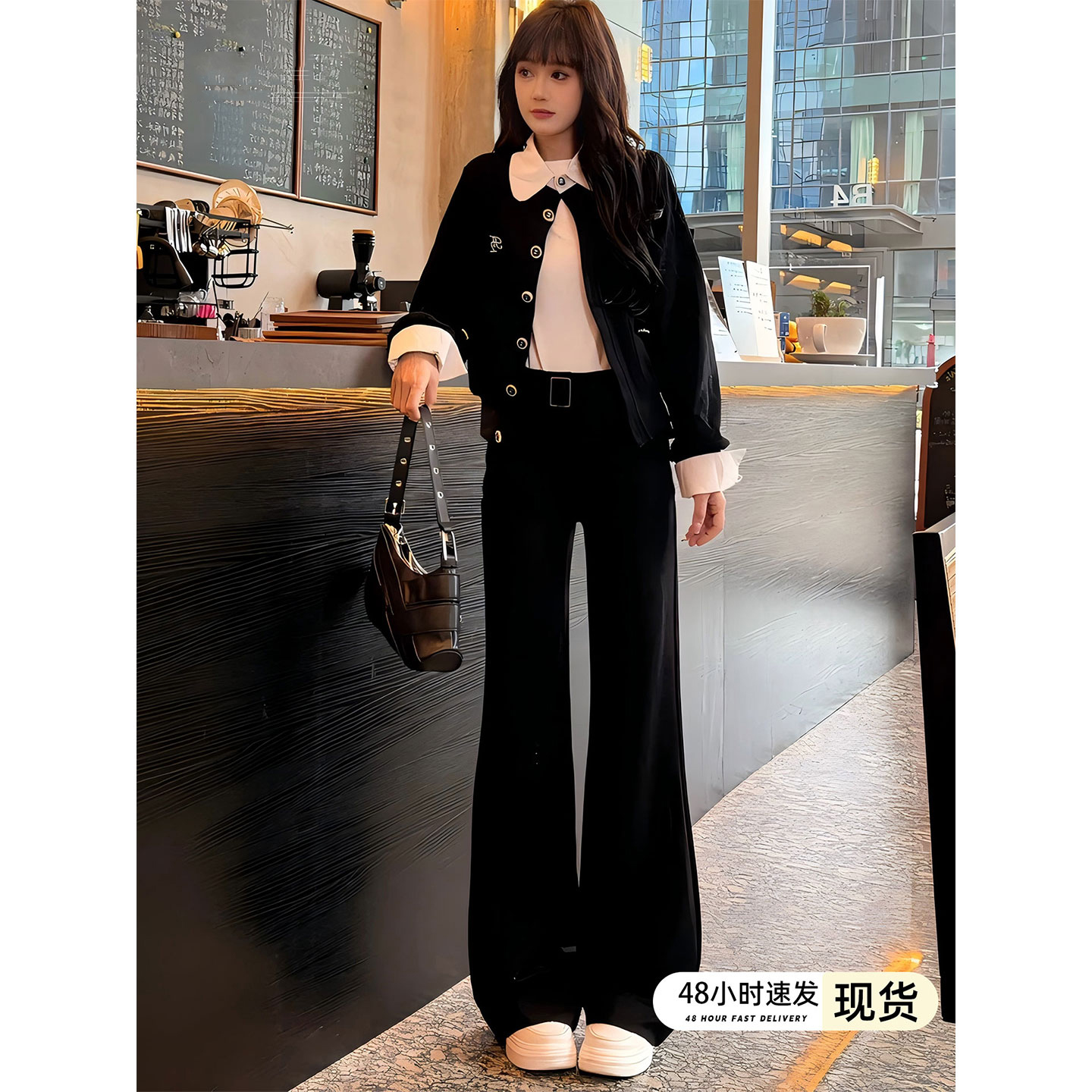 雪千羽黑色不贴腿微喇牛仔裤女秋季新款小个子高腰弹力加绒喇叭裤