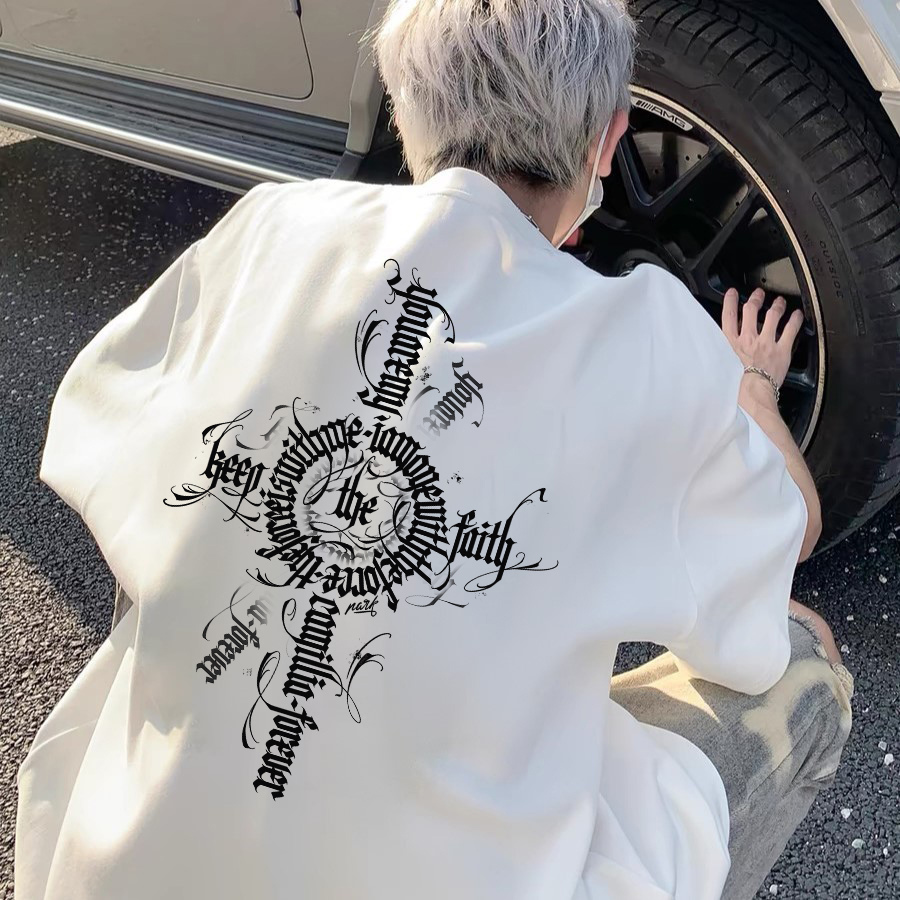 100%重磅纯棉短袖T恤男女同款设计感十字架夏宽松潮流男装半袖ZN1