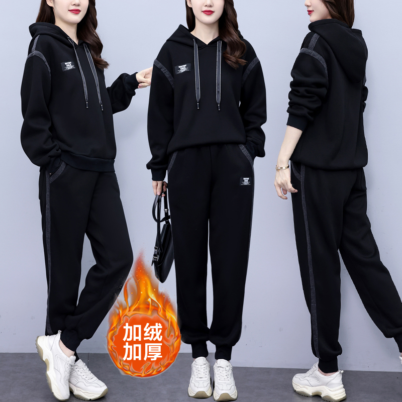 NSY 2025秋冬新款加绒加厚连帽拼接牛仔休闲时尚两件套大码女装