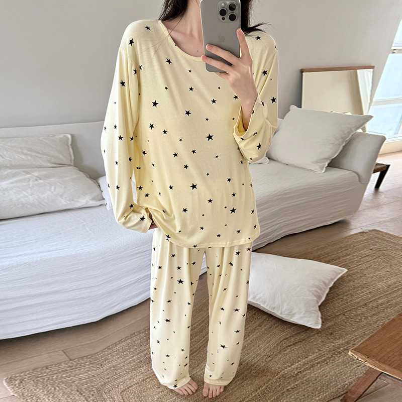 睡衣女款2025新款春秋长袖长裤休闲薄款星星宽松可外穿家居服套装
