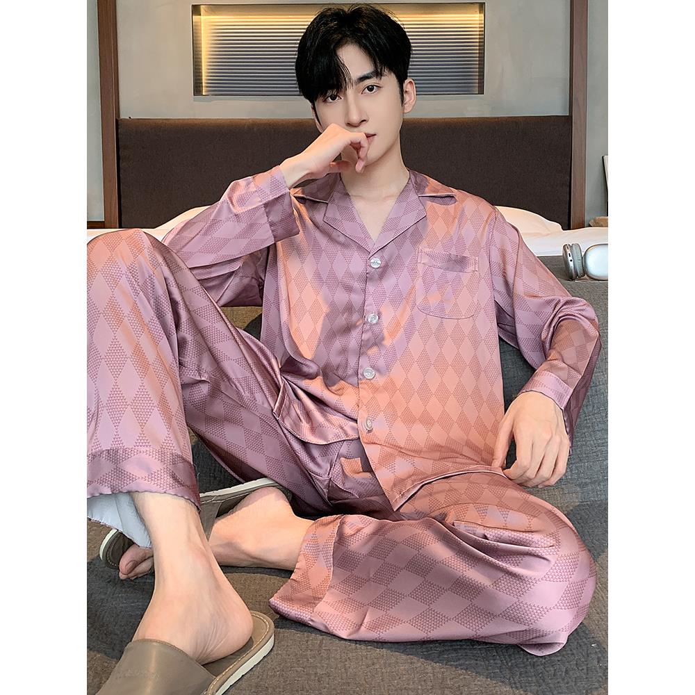 冰丝睡衣男士夏季2025年新款长袖缎面秋款真丝绸家居服两件套装