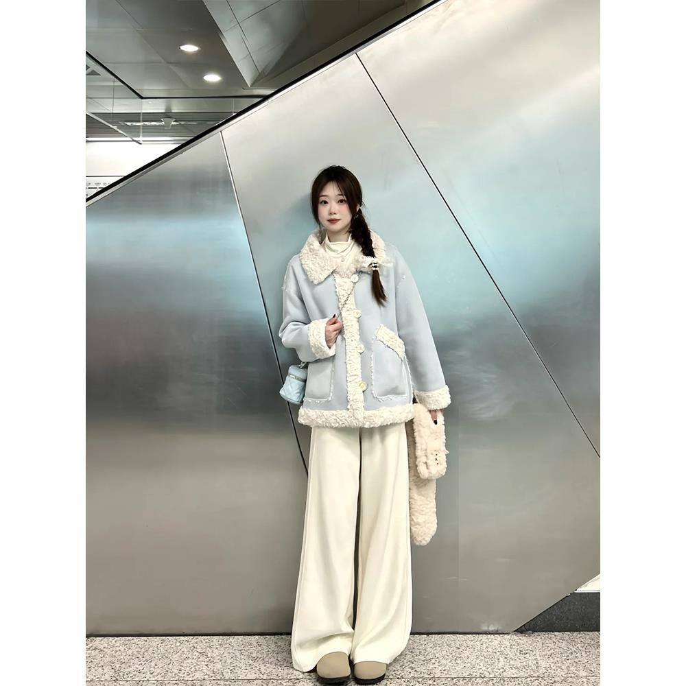 蓝色皮毛一体外套女秋冬季韩系冬装巨好看初冬加绒厚棉服冬天穿搭