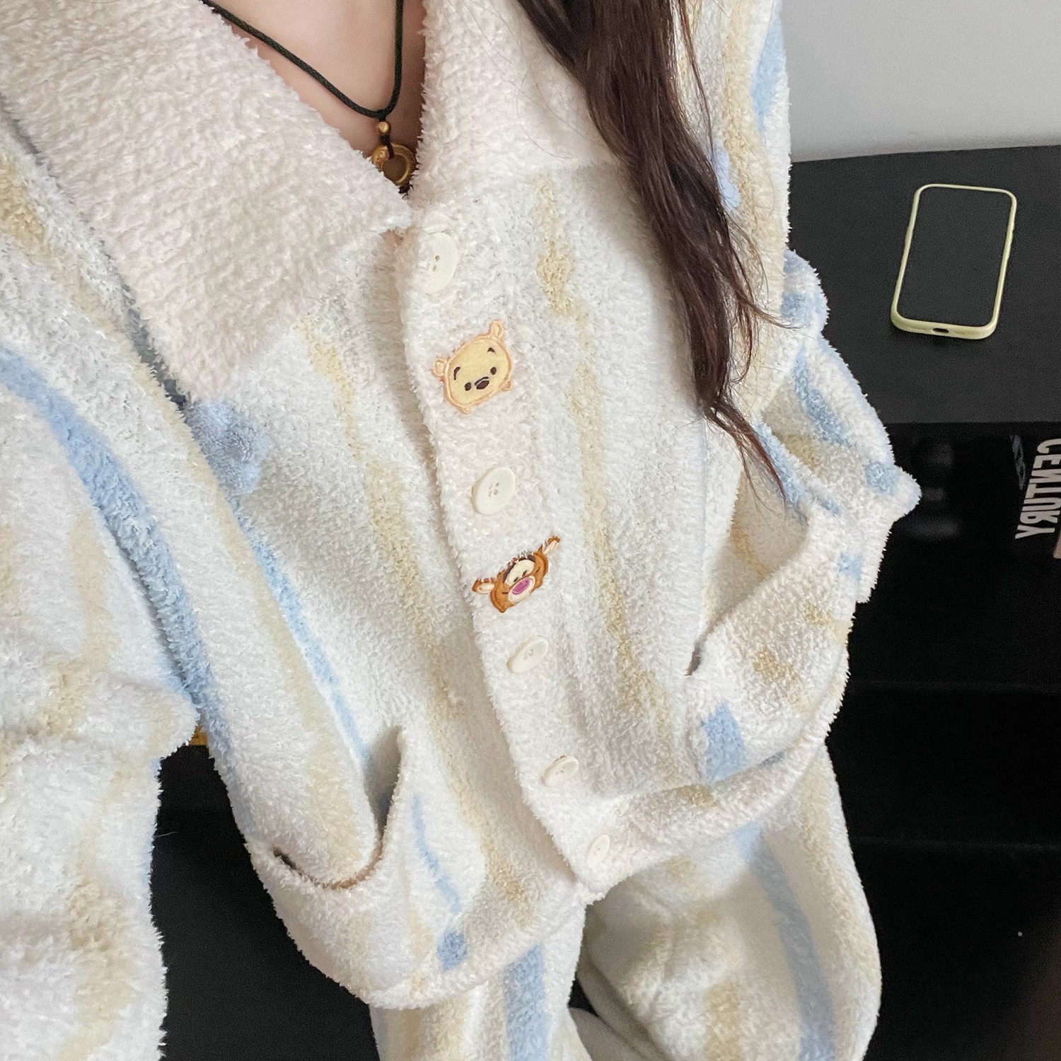 韩版可爱小熊印花半边绒睡衣女冬季宽松加厚保暖家居休闲服可外穿