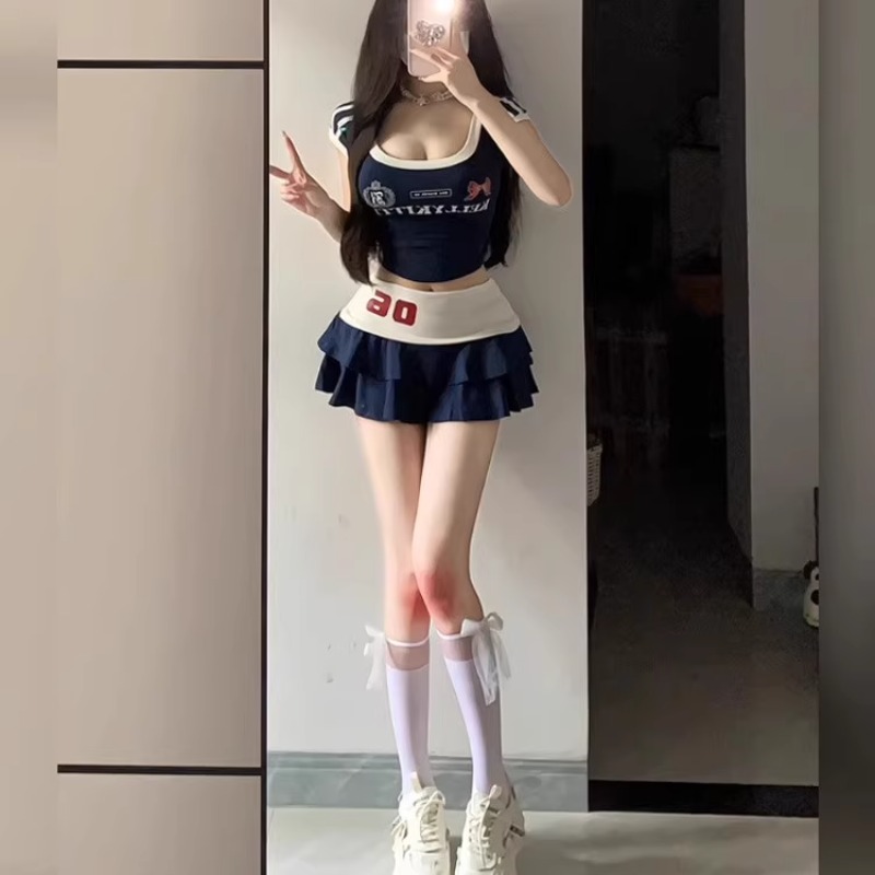 微胖美式复古撞色显瘦短袖T恤上衣女夏辣妹风性感a字短裙运动套装