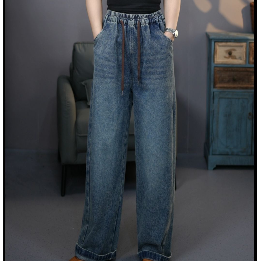 6788蓝2025春季复古显瘦女士牛仔直筒裤松紧腰时尚九分梧桐裤
