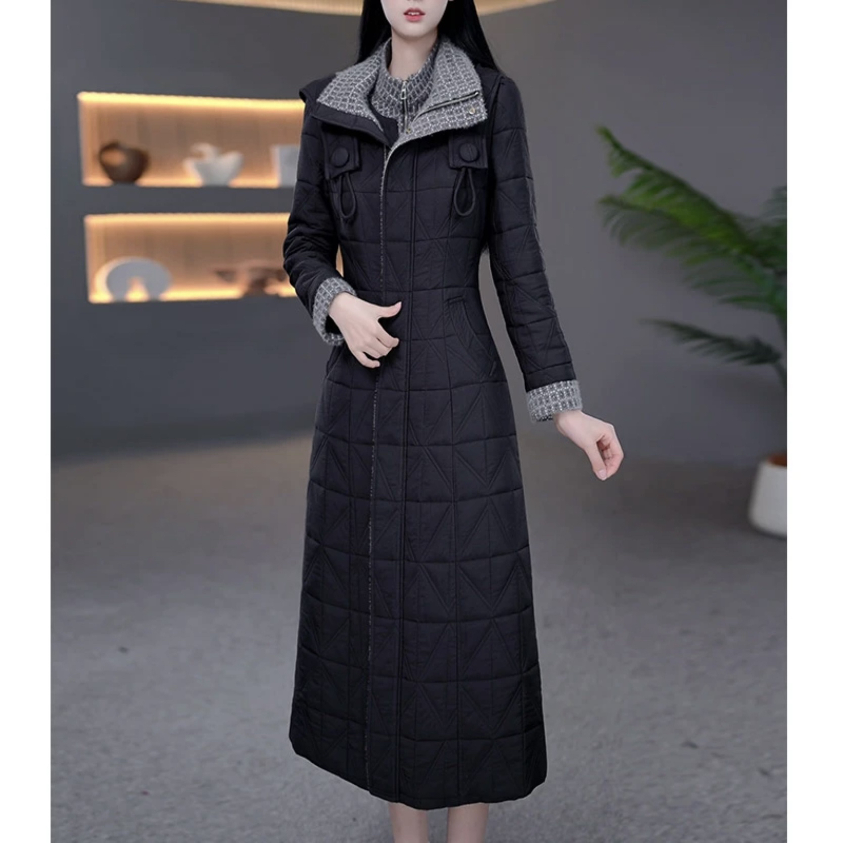 【外套+连衣裙】DBF-25B513YR 新款气质轻奢夹棉加厚中长款两件套