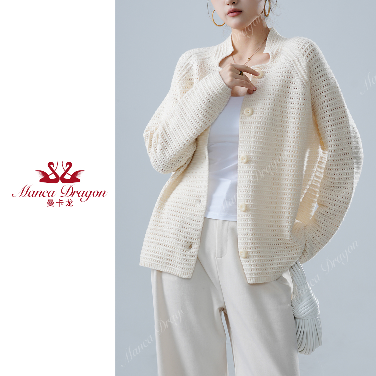 【专属】提花镂空宽松型针织立领女衫慵懒秋季百搭纯色毛衣羊绒