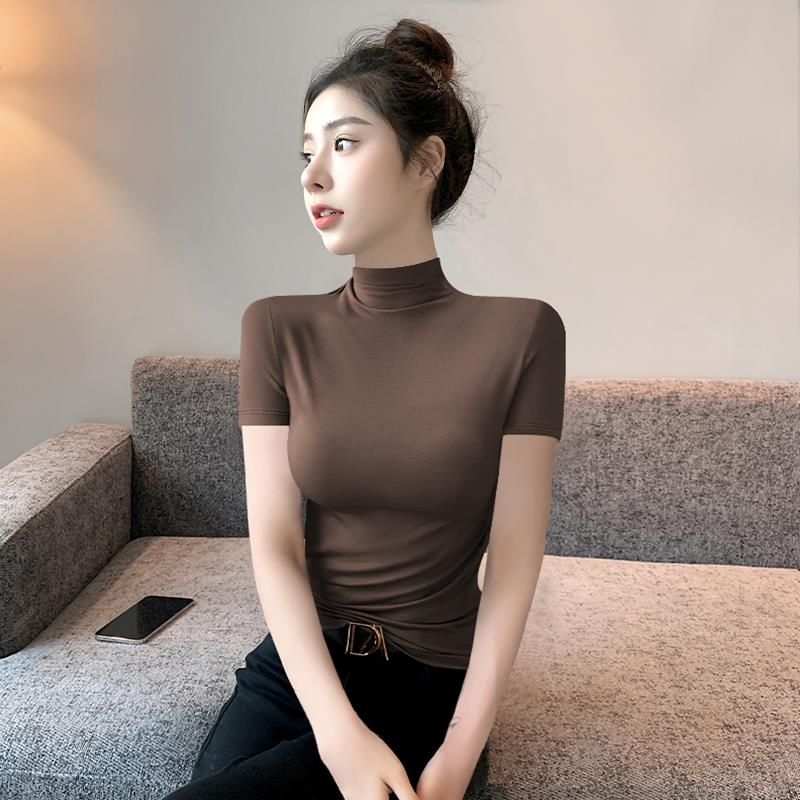 咖啡色半高领短袖t恤女内搭2025新款夏季螺纹修身洋气打底衫上衣