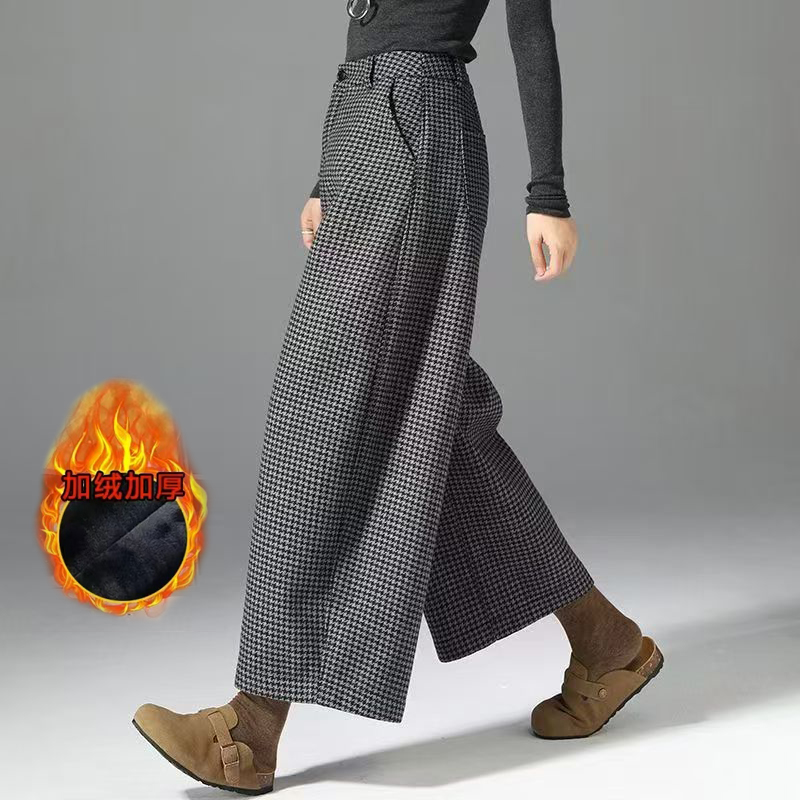 韩系百搭毛呢格子裤秋冬新款加绒高腰显瘦小个子阔腿裤九分奶奶裤