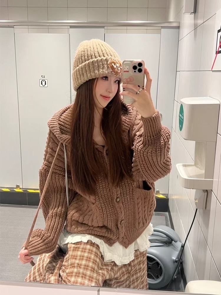 美式复古麻花连帽毛衣开衫女2025秋冬慵懒风针织上衣外套ins