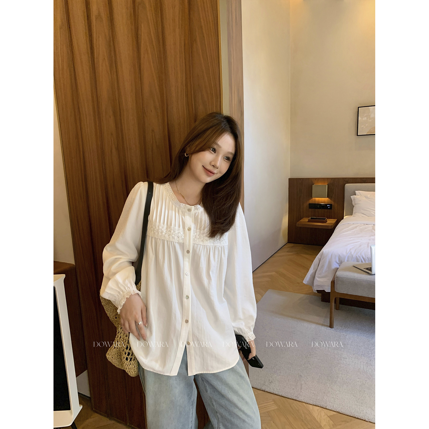 现货大婉酱微胖定制法式温柔圆领衬衫女设计感压褶长袖上衣9802D