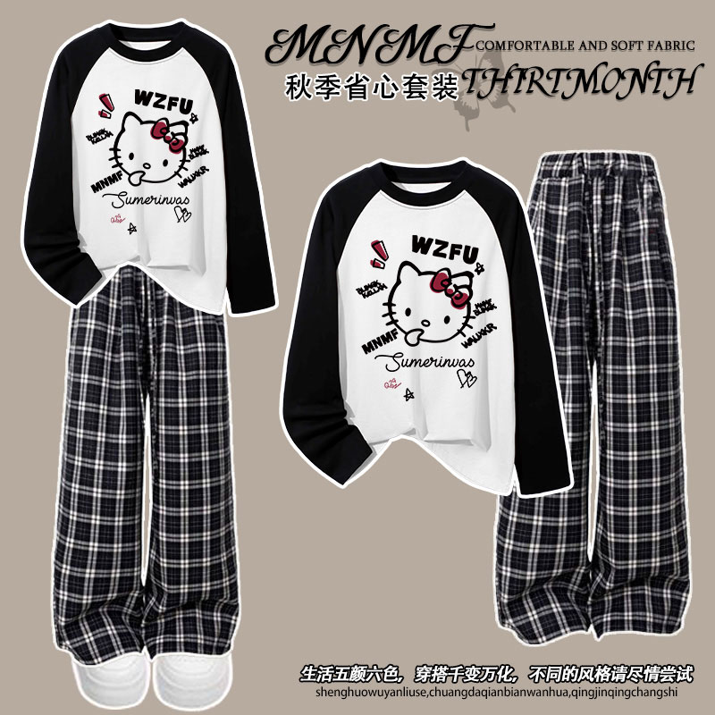 Hollykity猫女童插肩长袖格子裤秋冬季新款中大童宽松百搭两件套