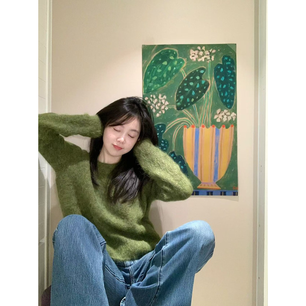 真心舒服！巨推荐！温柔风绿色秋冬毛绒圆领长袖毛衣女百搭显瘦上衣