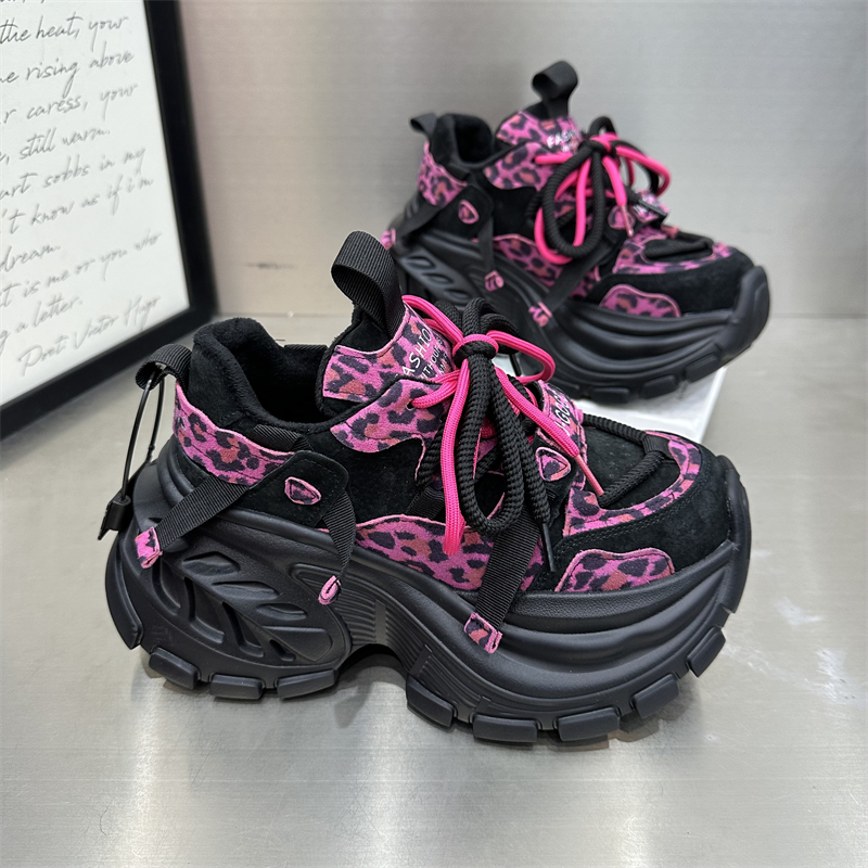 女款休闲时尚百搭复古厚底加绒ins豹纹秋冬冬季系带新款潮流潮鞋